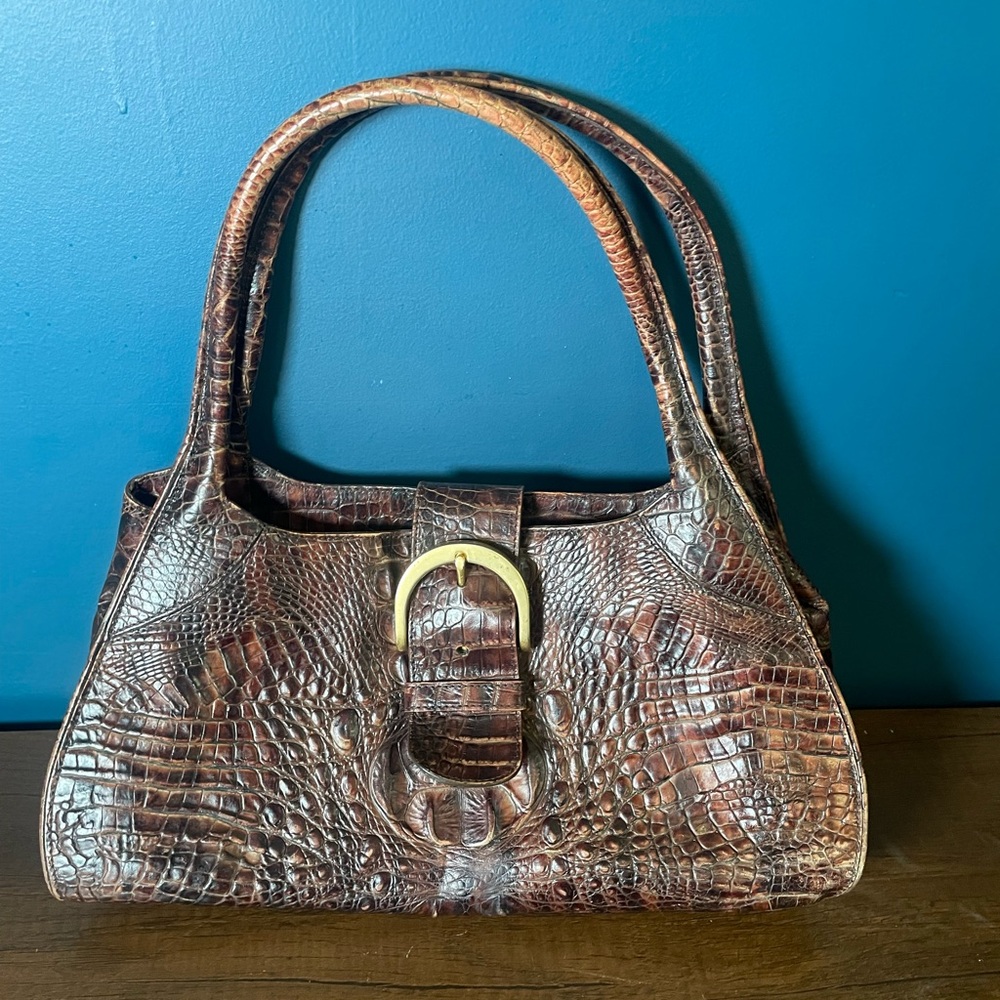 Brahmin Sophie Toasted Almond Croc Alligator Leather Buckle Satchel Bag